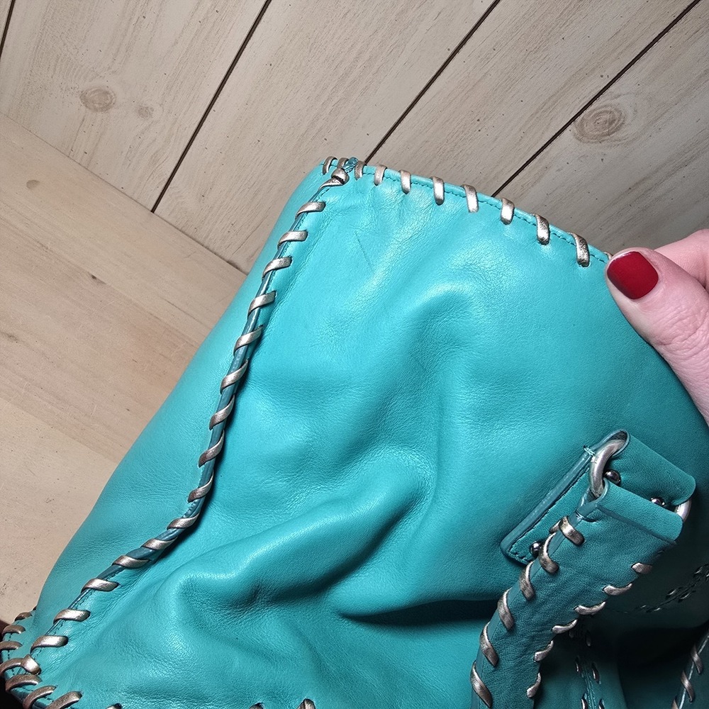 Vtg Y2k Rare Michael Kors Teal Woven Whipstitch Leather Satchel Shoulder Handbag - Picture 12 of 15